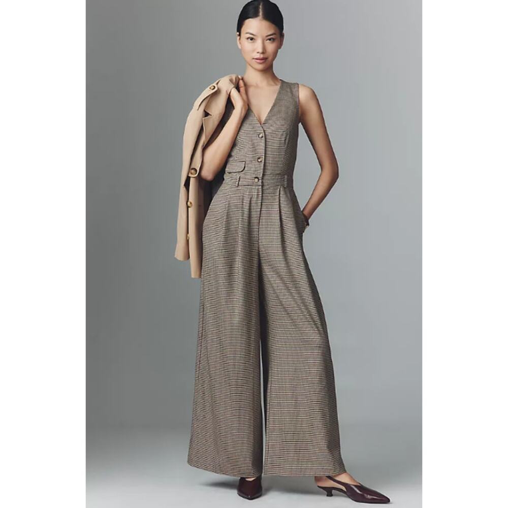 Anthropologie Brown Plaid Wide-Leg Jumpsuit